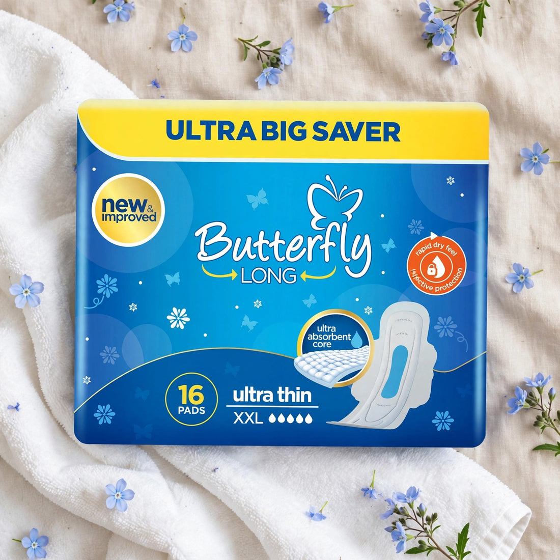 Butterfly Long Ultra Thin XXL Sanitary Pads – 16 Pads | Ultra Big Saver Pack